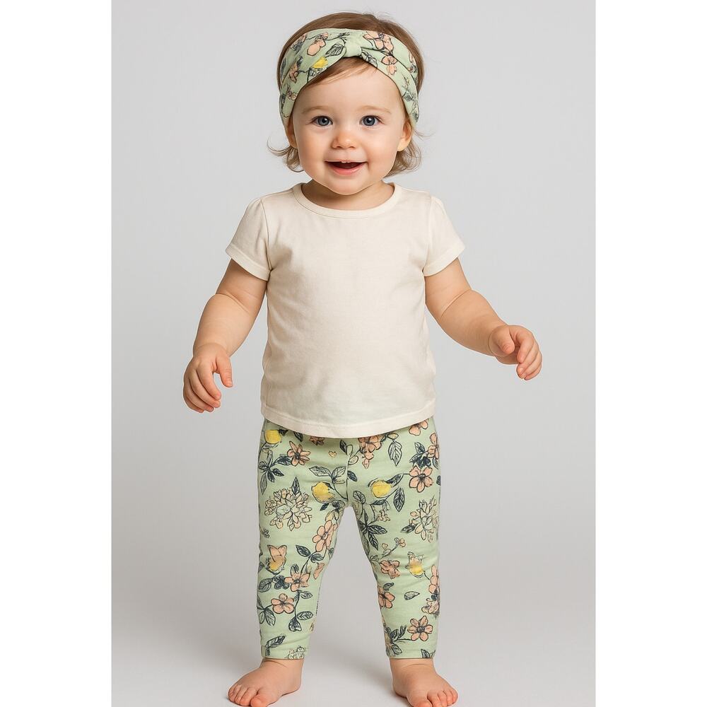 Tahari Girl 12M Floral Leggings + Headband Set Green Cotton Blend NWT